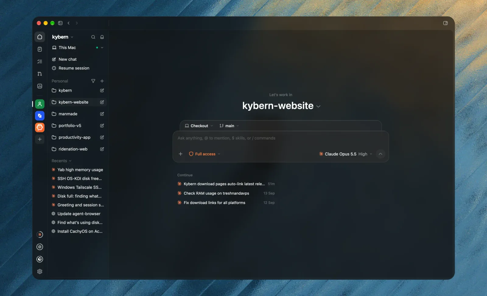 The native Kybern app on its home screen, with projects in the sidebar and a composer ready for a new chat
